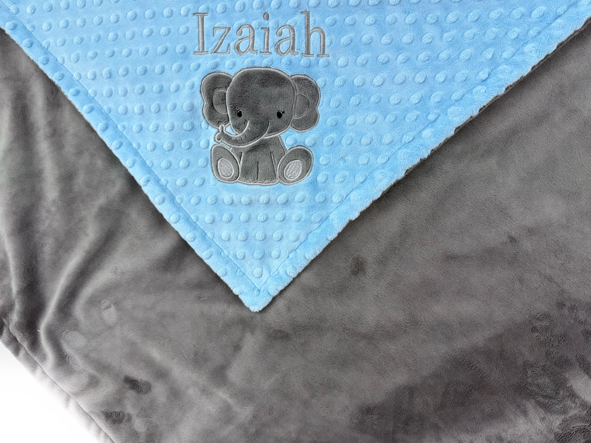 Elephant Baby Blanket, Light Blue and Gray Minky, Personalized Gift for Baby Boy