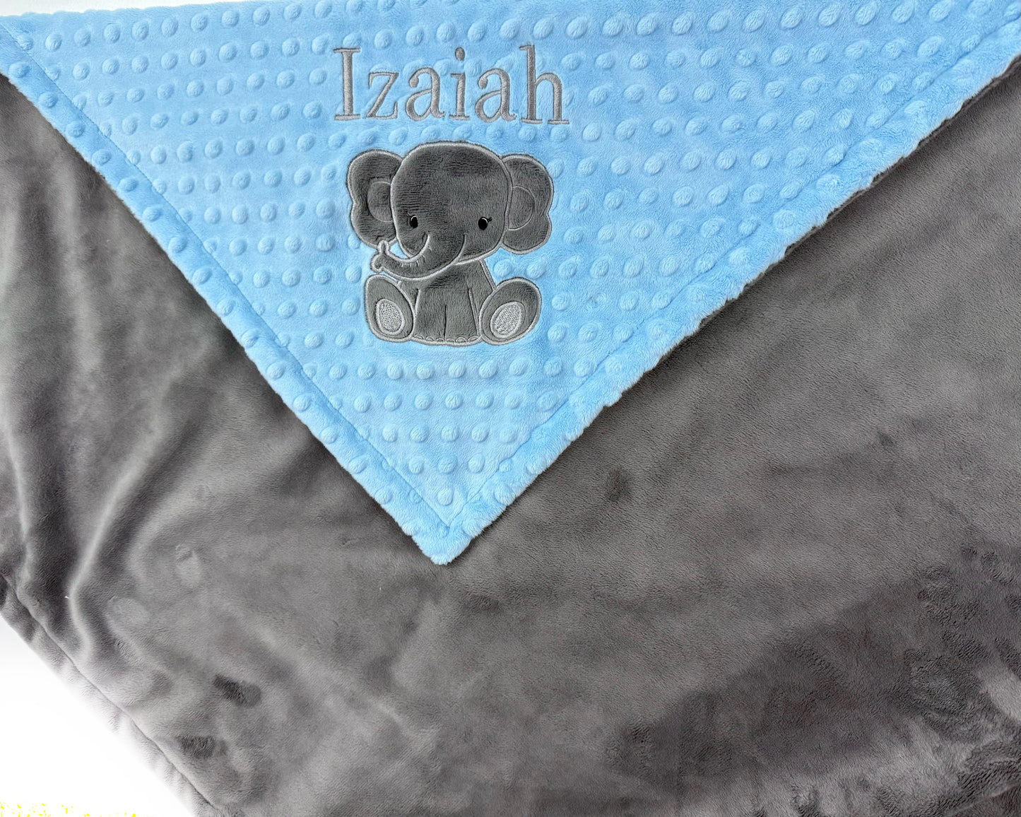 Elephant Baby Blanket, Light Blue and Gray Minky, Personalized Gift for Baby Boy