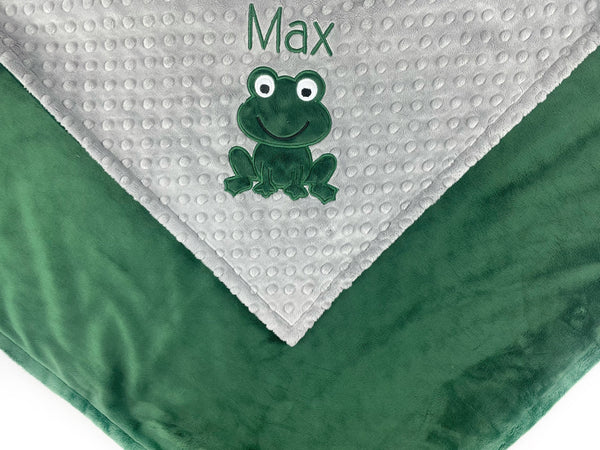 Frog Baby Blanket, Green and Gray Minky, Embroidered Name or Birth Stats, Plush Keepsake Gift, Personalized Gift for Baby