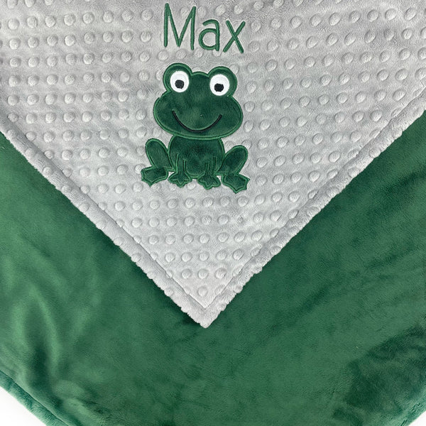 Frog Baby Blanket, Green and Gray Minky, Embroidered Name or Birth Stats, Plush Keepsake Gift, Personalized Gift for Baby