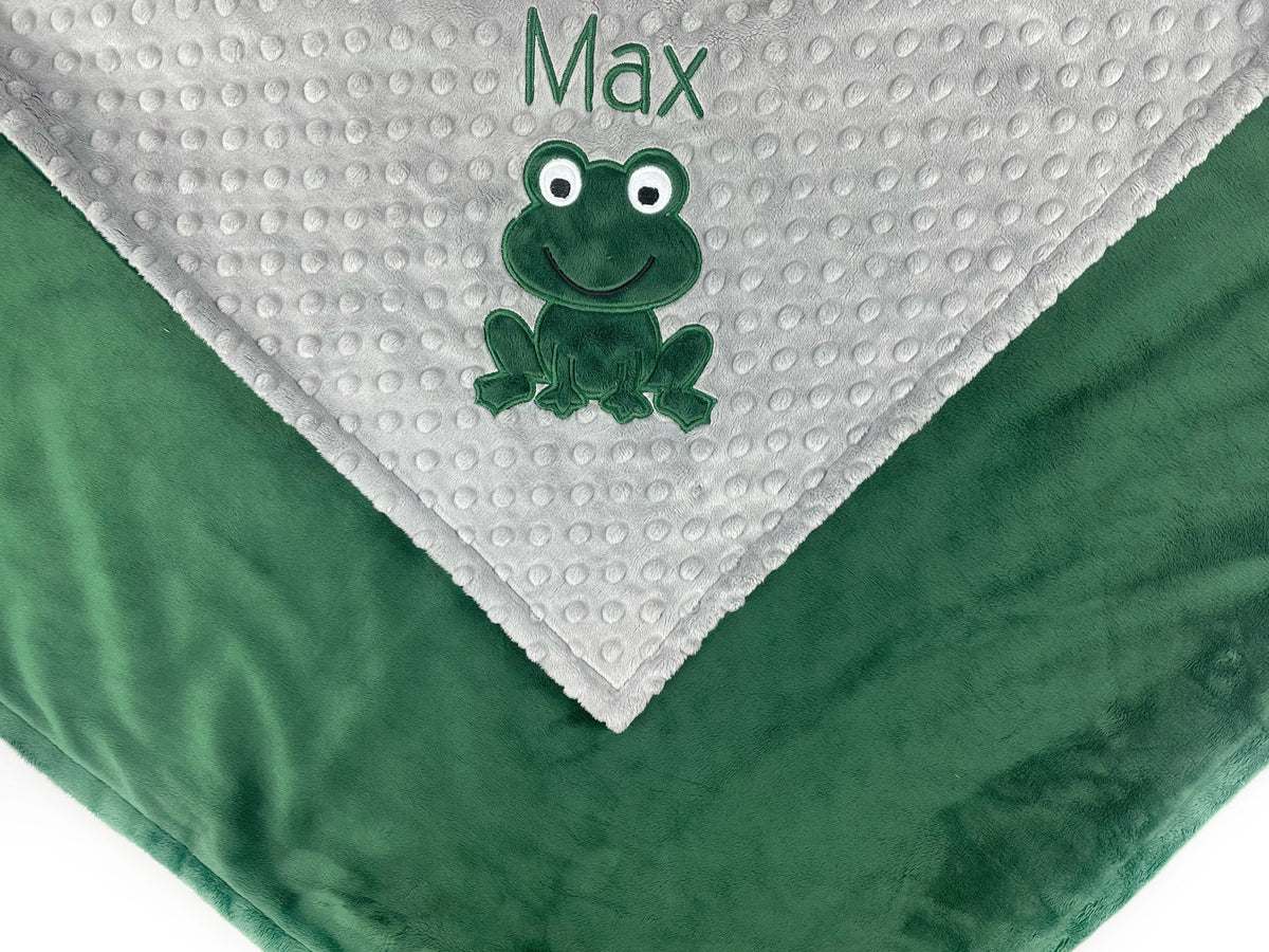 Frog Baby Blanket, Green and Gray Minky, Embroidered Name or Birth Stats, Plush Keepsake Gift, Personalized Gift for Baby