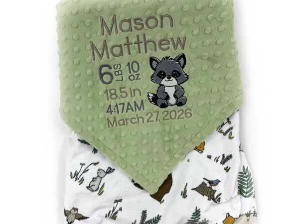 Minky Baby Blanket, Sage Green Woodland Animal Minky, Birth Stats with Raccoon, Personalized Gift for Baby