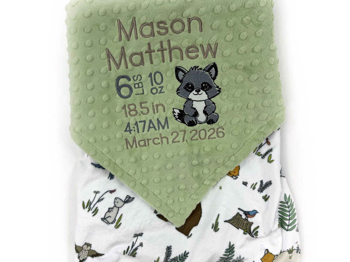 Minky Baby Blanket, Sage Green Woodland Animal Minky, Birth Stats with Raccoon, Personalized Gift for Baby