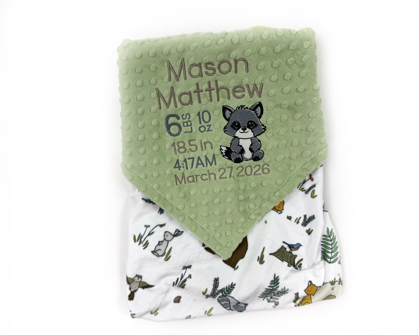 Minky Baby Blanket, Sage Green Woodland Animal Minky, Birth Stats with Raccoon, Personalized Gift for Baby