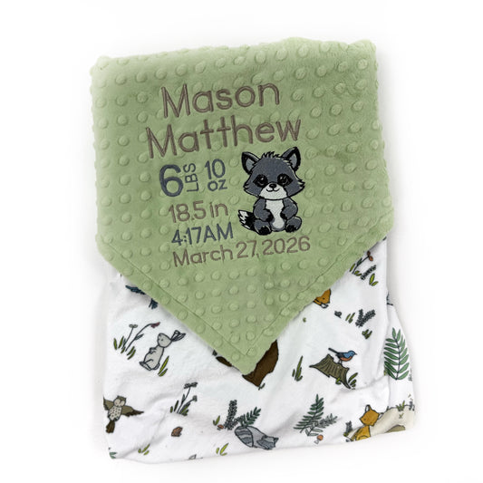Minky Baby Blanket, Sage Green Woodland Animal Minky, Birth Stats with Raccoon, Personalized Gift for Baby