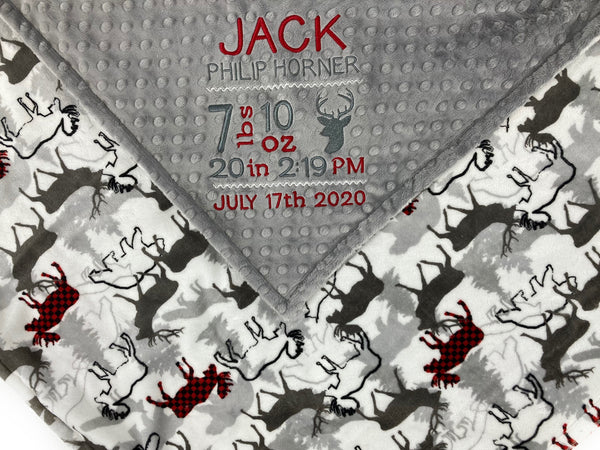Personalized Baby Blanket, Gray White Minky, Deer Moose Bear, Birth Stats, Keepsake Gift for Baby Boy