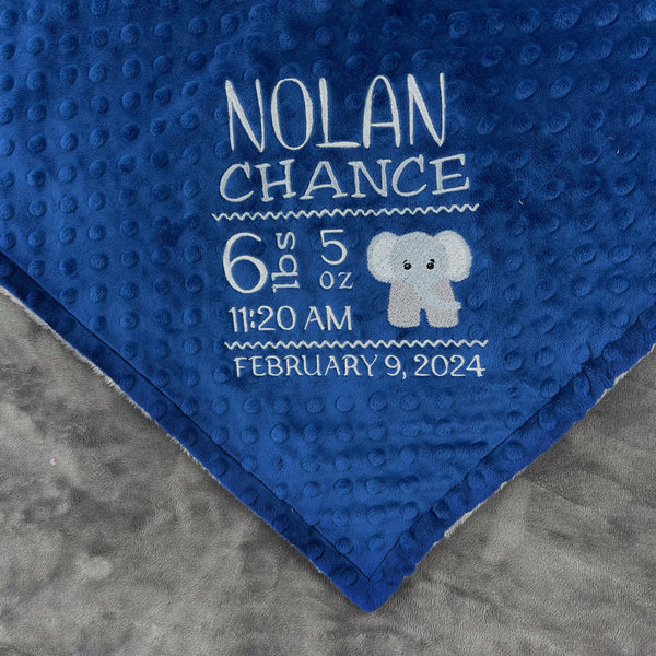 Birth Stats Blanket, Midnight Blue and Gray Minky, Elephant Birth Stats, Newborn Gift for Boy, Personalized Gift for Baby, Zoo Animal Decor