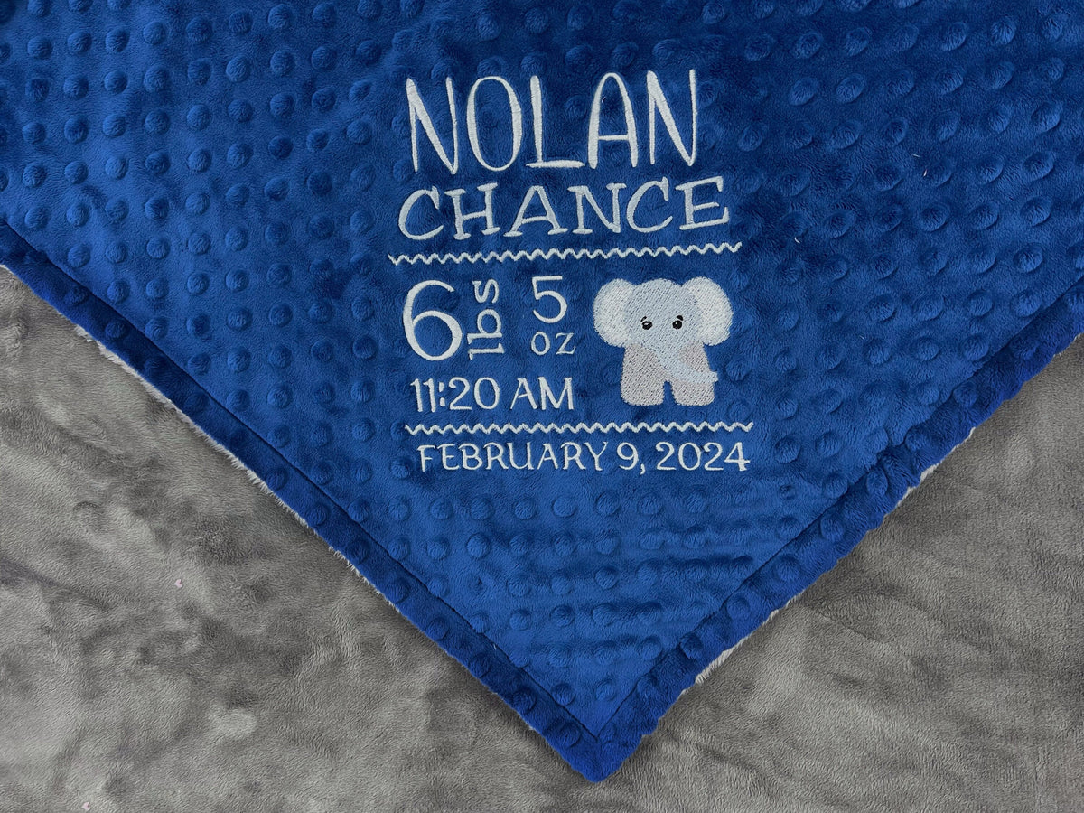 Birth Stats Blanket, Midnight Blue and Gray Minky, Elephant Birth Stats, Newborn Gift for Boy, Personalized Gift for Baby, Zoo Animal Decor