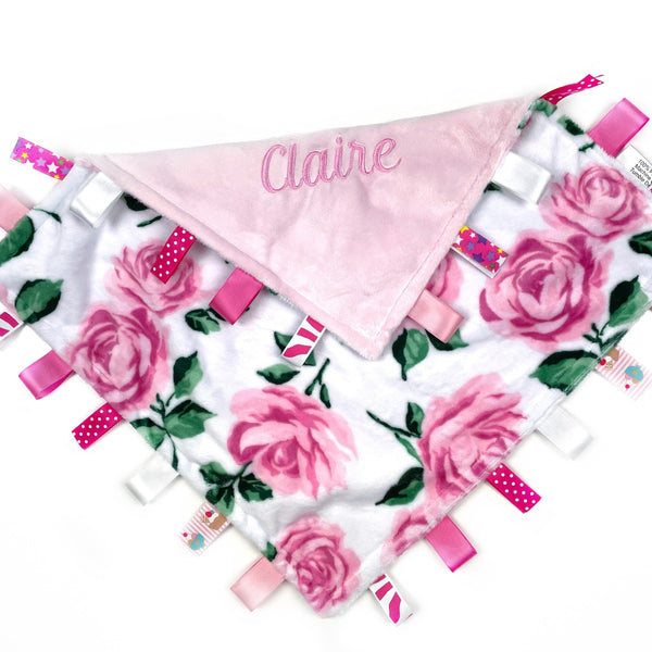 Personalized Lovey Tag Blanket, Pink Floral minky Sensory Blanket for Girls