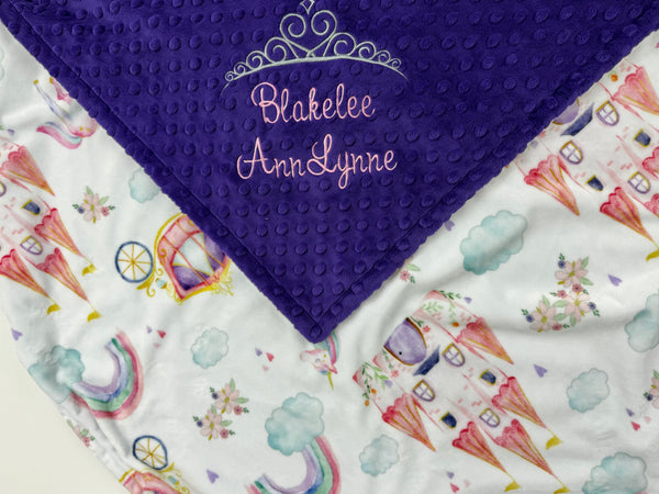 Personalized Baby Blanket in Purple and Fairtale Minky with Name and Crown, Newborn Baby Gift