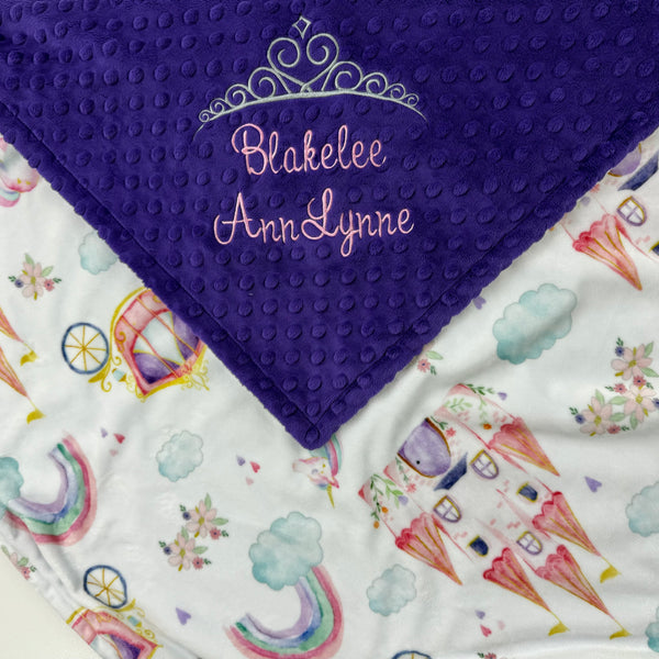 Personalized Baby Blanket in Purple and Fairtale Minky with Name and Crown, Newborn Baby Gift