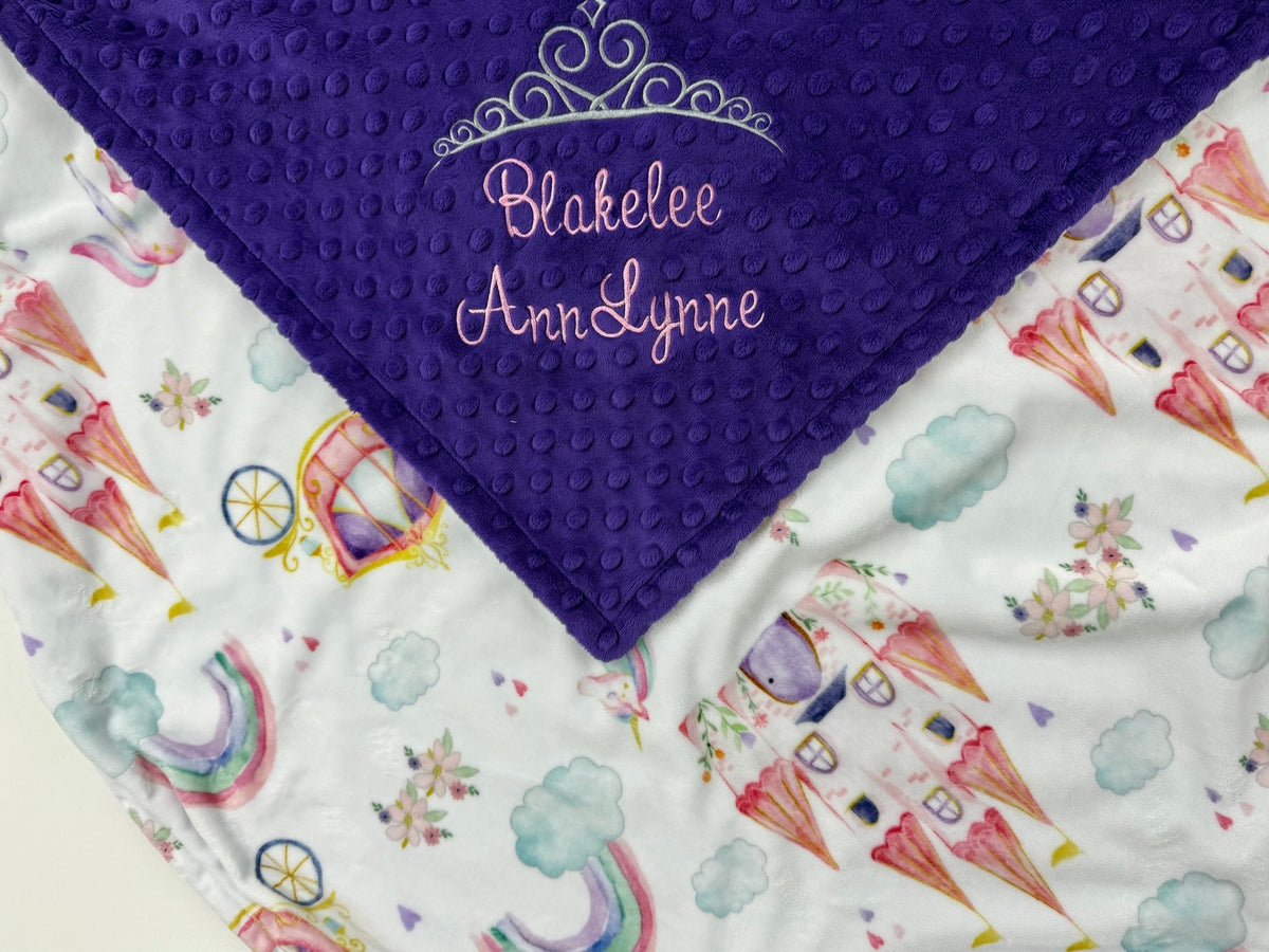 Personalized Baby Blanket in Purple and Fairtale Minky with Name and Crown, Newborn Baby Gift