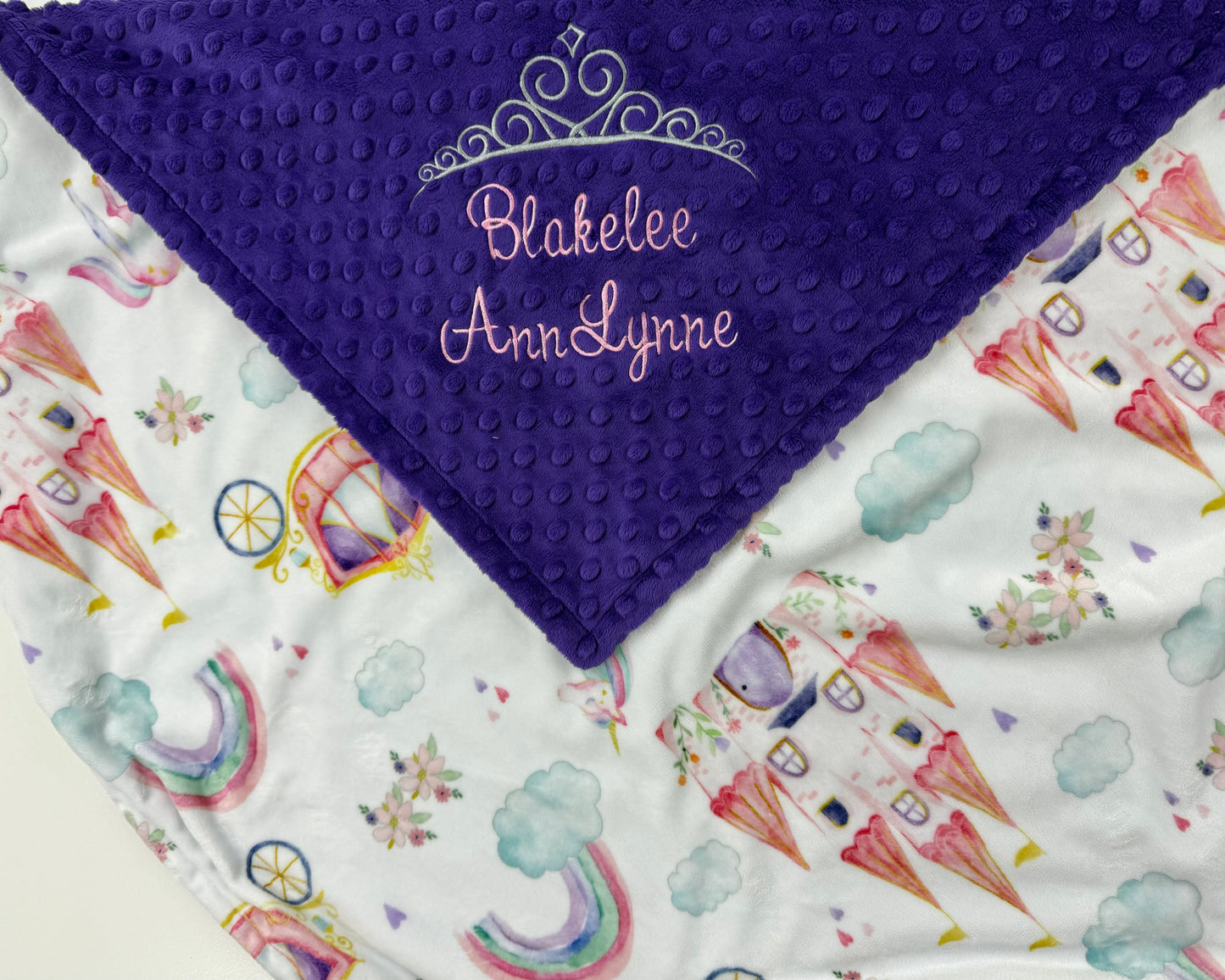 Personalized Baby Blanket in Purple and Fairtale Minky with Name and Crown, Newborn Baby Gift