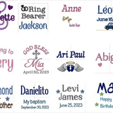 Collage of personalized gifts featuring names and dates for children, including birthdays and special occasions.