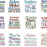 Personalized baby birth stats plaques featuring names, weights, and birth dates in colorful designs.