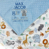 Personalized Baby Blanket in Denim Blue and Jungle Animals Minky, Embroidered Birth Stats with Elephant, Baby Boy Gift