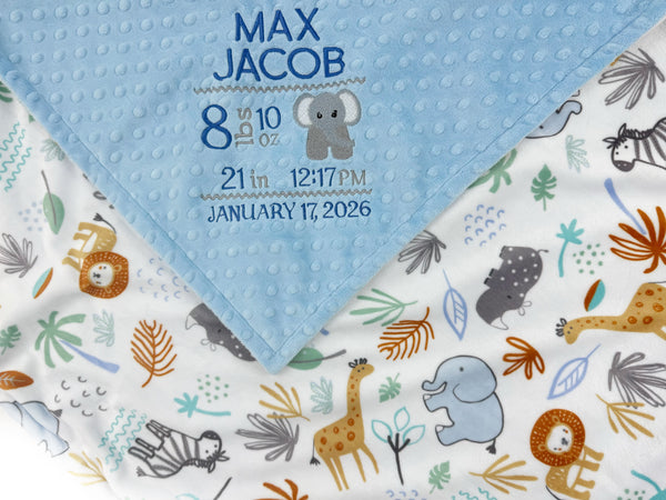Personalized Baby Blanket in Denim Blue and Jungle Animals Minky, Embroidered Birth Stats with Elephant, Baby Boy Gift