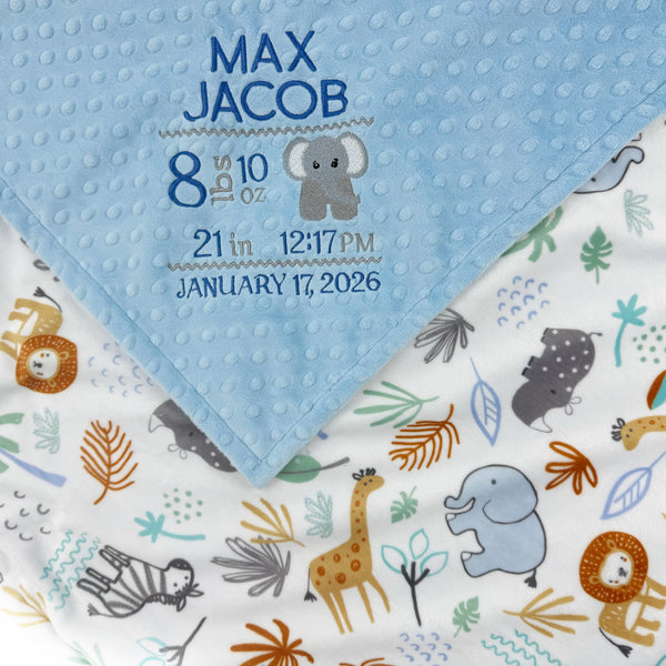 Personalized Baby Blanket in Denim Blue and Jungle Animals Minky, Embroidered Birth Stats with Elephant, Baby Boy Gift