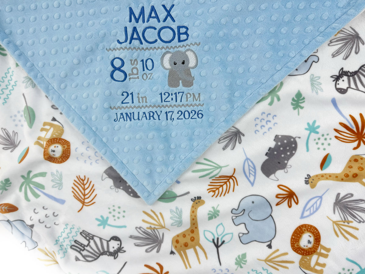 Personalized Baby Blanket in Denim Blue and Jungle Animals Minky, Embroidered Birth Stats with Elephant, Baby Boy Gift
