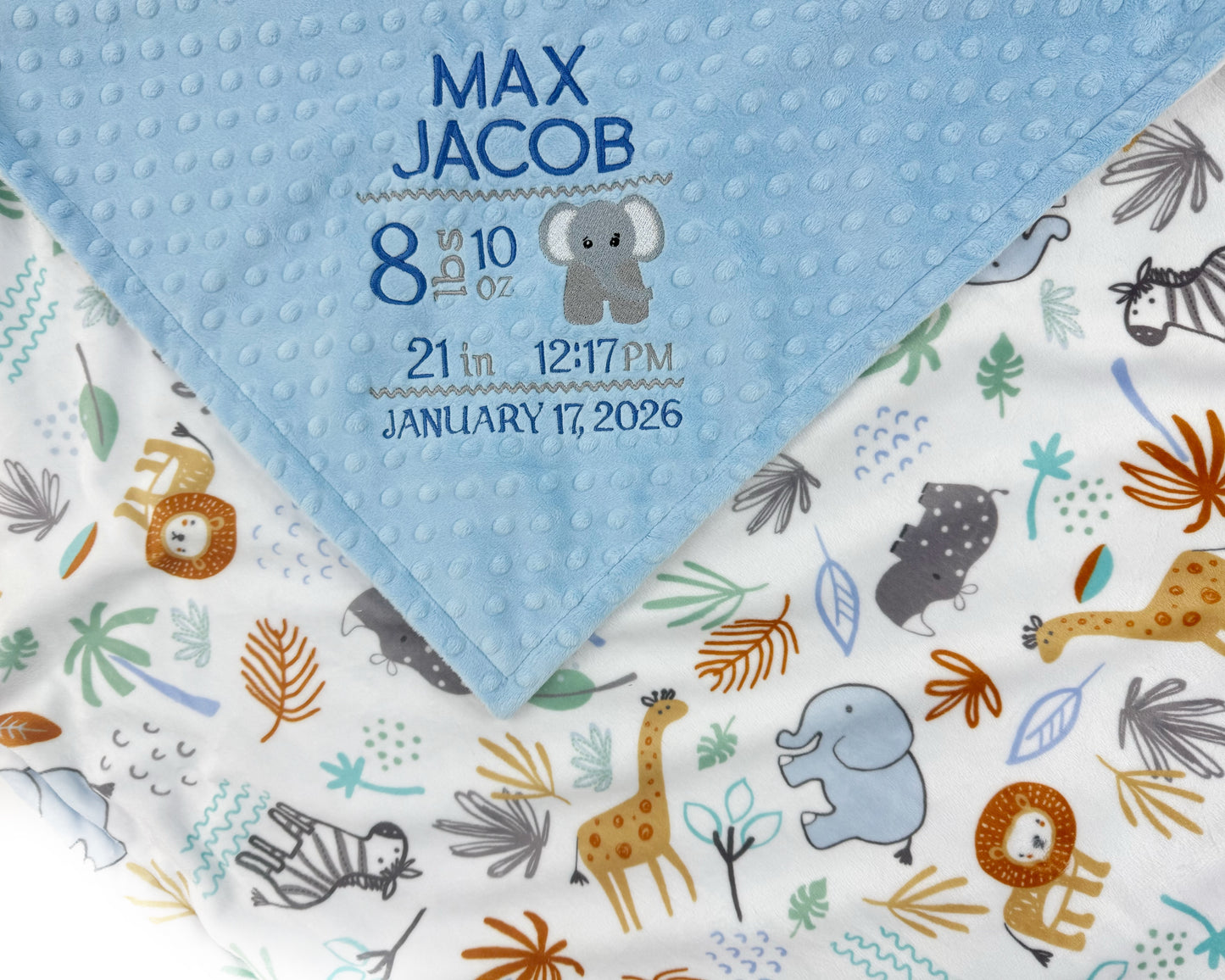 Personalized Baby Blanket in Denim Blue and Jungle Animals Minky, Embroidered Birth Stats with Elephant, Baby Boy Gift