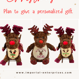 Three reindeer plush toys with personalized names on a white background with red text and gold dots.