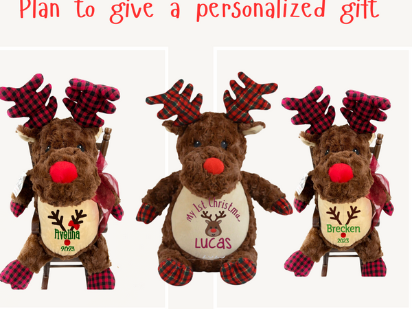 Three reindeer plush toys with personalized names on a white background with red text and gold dots.