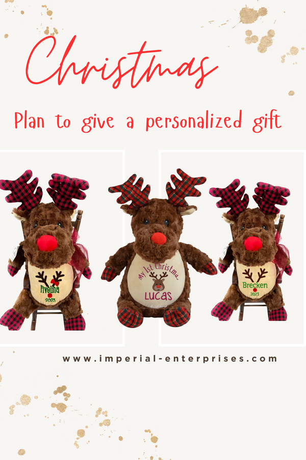 Three reindeer plush toys with personalized names on a white background with red text and gold dots.