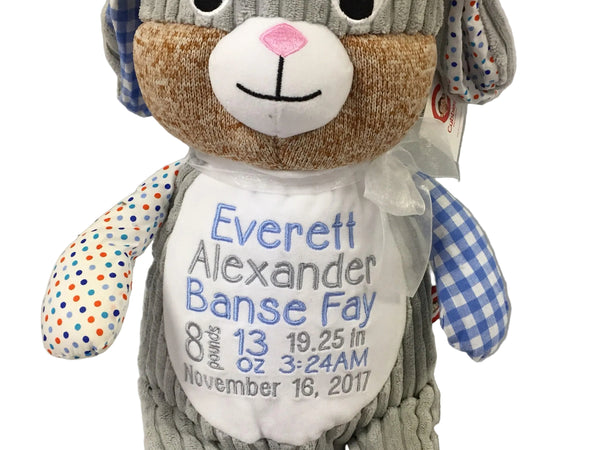 Personalized Blue Patchwork Bunny, Keepsake Gift for Newborn, 1st Birthday Gift, Christening Gift for Babies