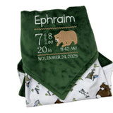 Birth Stats Baby Blanket, Green Woodland Animal Minky, Birth Stats with Bear, Personalized Gift for Baby