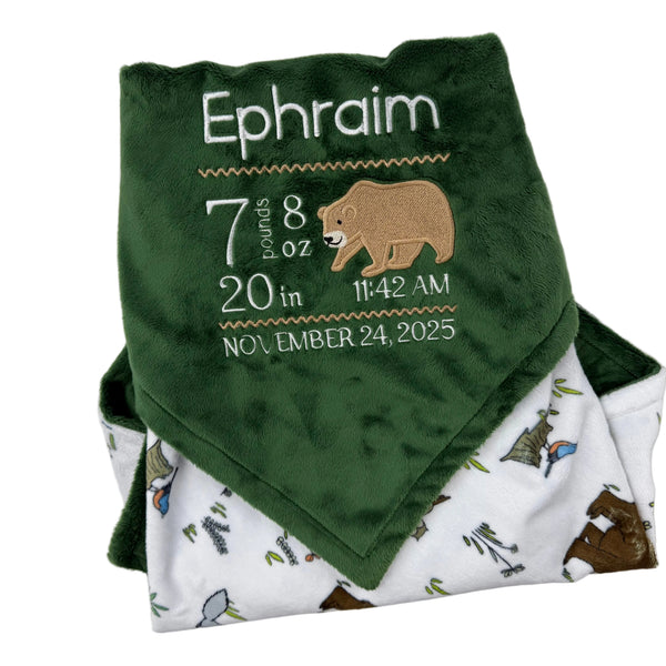 Birth Stats Baby Blanket, Green Woodland Animal Minky, Birth Stats with Bear, Personalized Gift for Baby