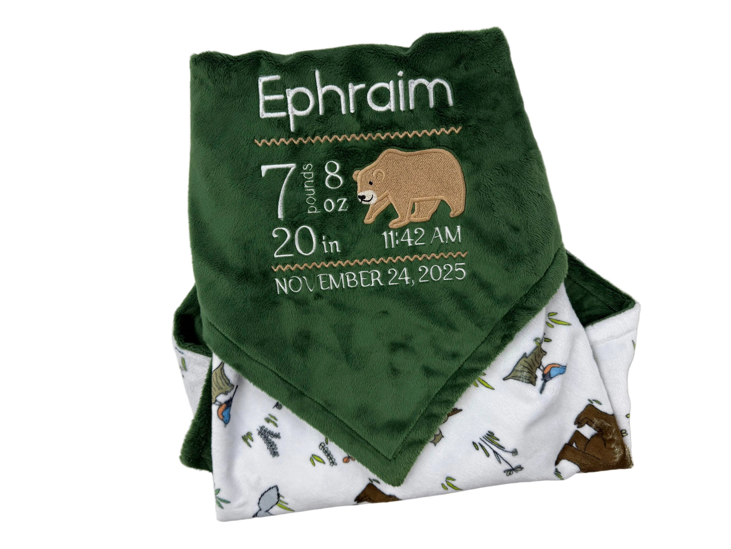 Birth Stats Baby Blanket, Green Woodland Animal Minky, Birth Stats with Bear, Personalized Gift for Baby