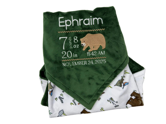 Birth Stats Baby Blanket, Green Woodland Animal Minky, Birth Stats with Bear, Personalized Gift for Baby