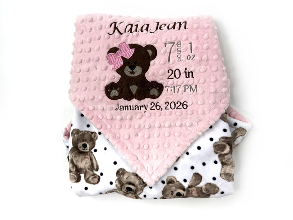 Baby Blanket with Teddy Bear, Pink Minky Blanket, Personalized with Name, a Keepsake Gift for Girls