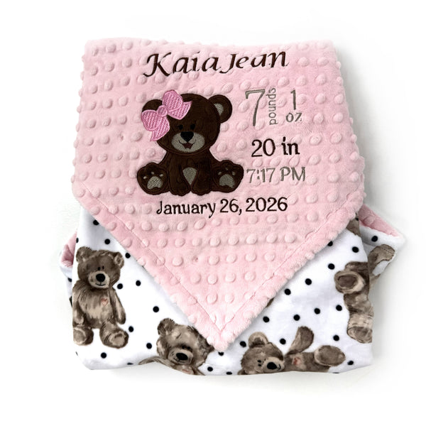 Baby Blanket with Teddy Bear, Pink Minky Blanket, Personalized with Name, a Keepsake Gift for Girls