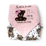 Baby blanket with teddy bear design and personalized text on a white background