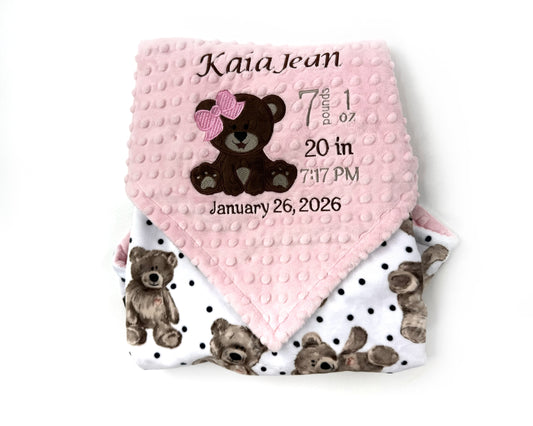 Baby Blanket with Teddy Bear, Pink Minky Blanket, Personalized with Name, a Keepsake Gift for Girls