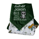 View details for Minky Baby Blanket, Green Woodland Animal Minky, Birth Stats with Raccoon, Personalized Gift for Baby Minky Baby Blanket, Green Woodland Animal Minky, Birth Stats with Raccoon