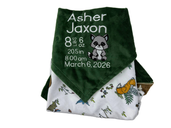 View details for Minky Baby Blanket, Green Woodland Animal Minky, Birth Stats with Raccoon, Personalized Gift for Baby Minky Baby Blanket, Green Woodland Animal Minky, Birth Stats with Raccoon