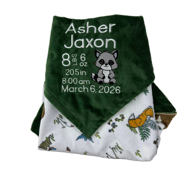 View details for Minky Baby Blanket, Green Woodland Animal Minky, Birth Stats with Raccoon, Personalized Gift for Baby Minky Baby Blanket, Green Woodland Animal Minky, Birth Stats with Raccoon