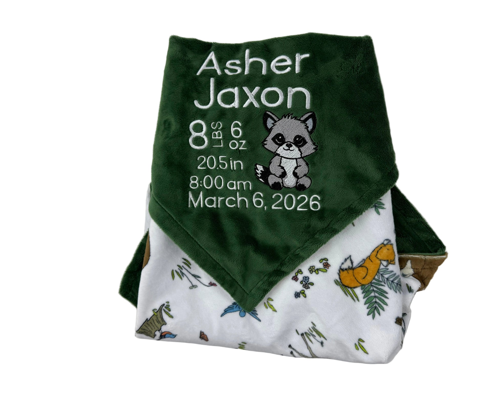 View details for Minky Baby Blanket, Green Woodland Animal Minky, Birth Stats with Raccoon, Personalized Gift for Baby Minky Baby Blanket, Green Woodland Animal Minky, Birth Stats with Raccoon