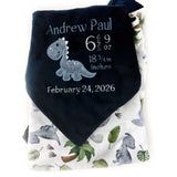 Personalized Baby Blanket, Navy with Dinosaur Applique and Birth Stats