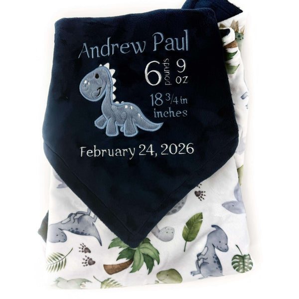 Personalized Baby Blanket, Navy with Dinosaur Applique and Birth Stats
