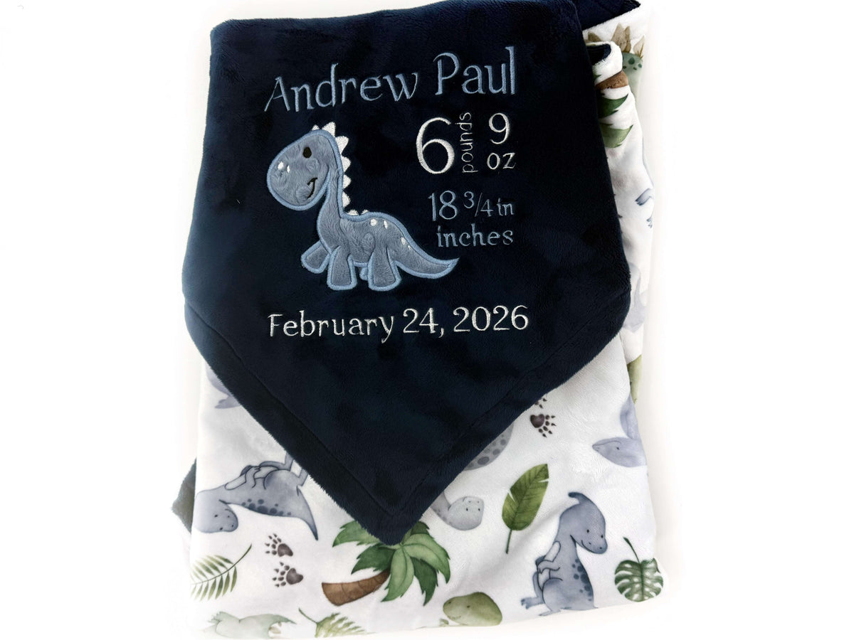 Personalized Baby Blanket, Navy with Dinosaur Applique and Birth Stats