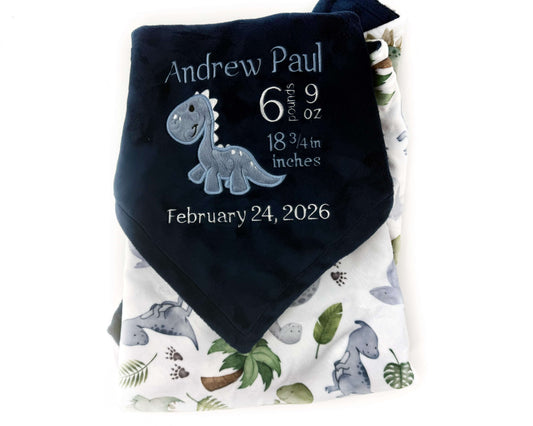 Personalized Baby Blanket, Navy with Dinosaur Applique and Birth Stats