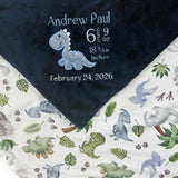 Personalized Baby Blanket, Navy with Dinosaur Applique and Birth Stats