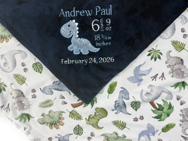 Personalized Baby Blanket, Navy with Dinosaur Applique and Birth Stats
