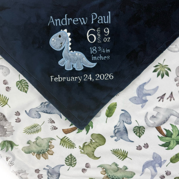Personalized Baby Blanket, Navy with Dinosaur Applique and Birth Stats