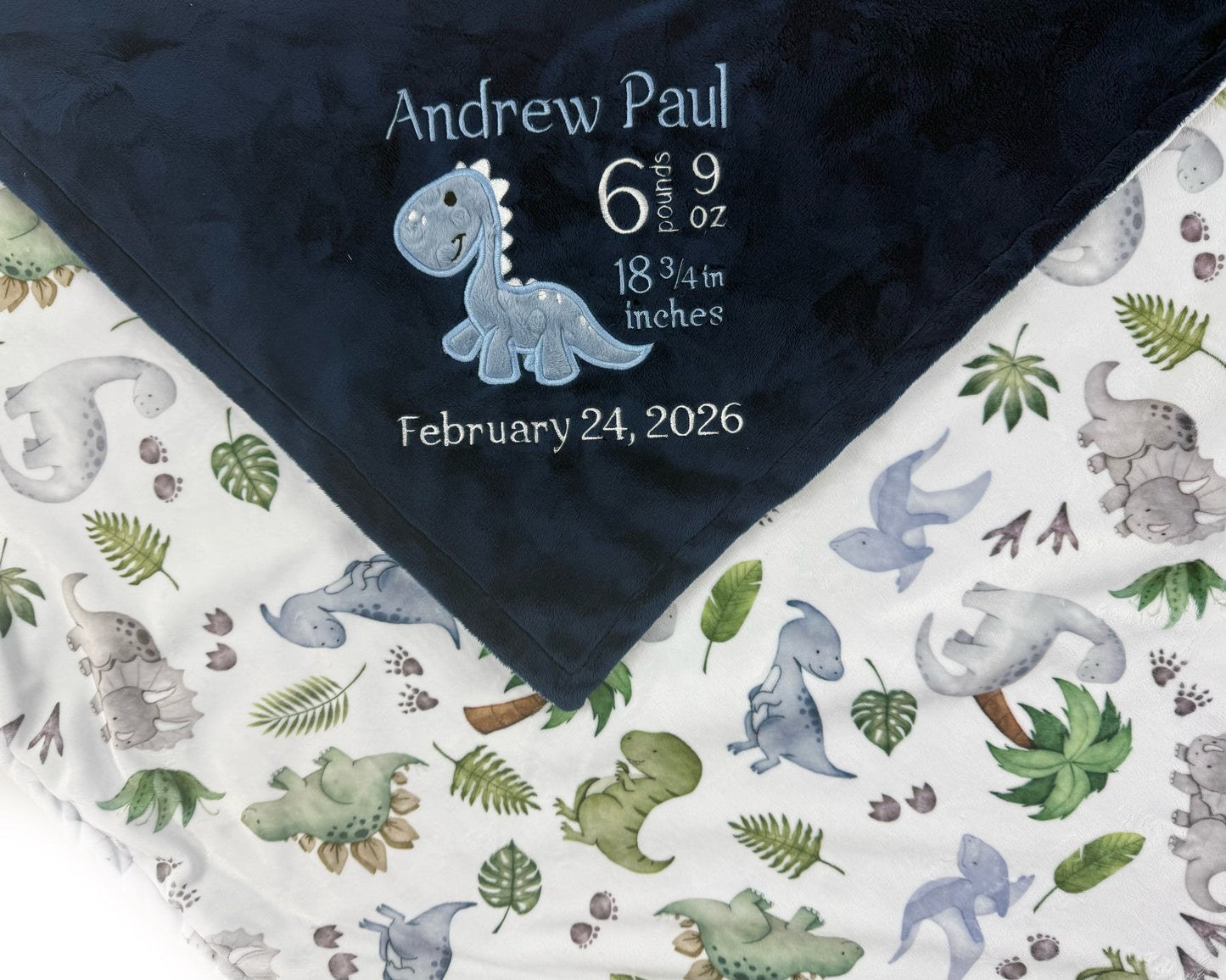 Personalized Baby Blanket, Navy with Dinosaur Applique and Birth Stats