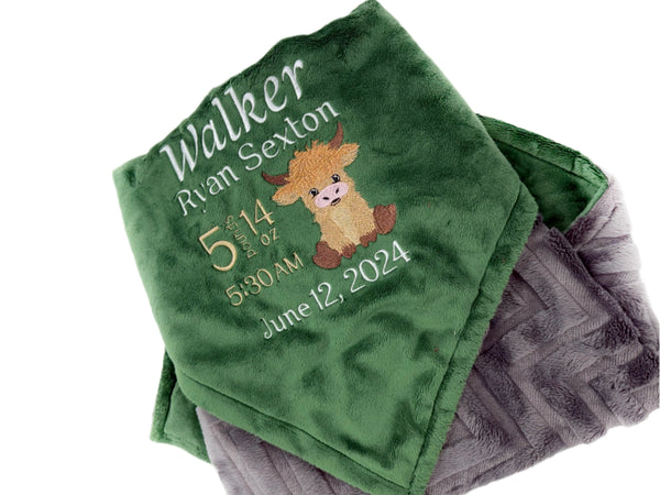 Minky Baby Blanket, Highland Cow, Green and Gray Blanket, Embroidered Birth Stats