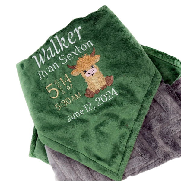 Minky Baby Blanket, Highland Cow, Green and Gray Blanket, Embroidered Birth Stats